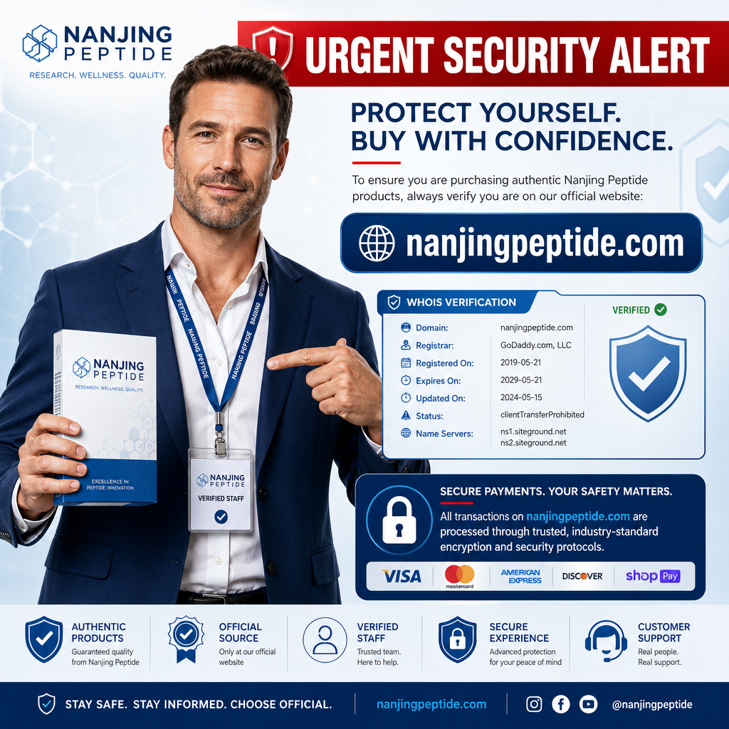 Official security poster promoting verification of nanjingpeptide.com before purchase